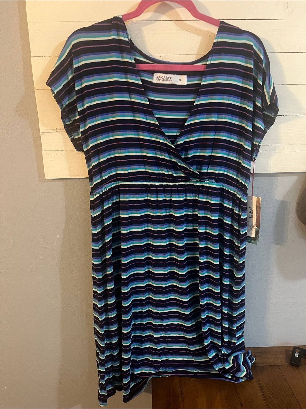 Carve Designs Navy Stripe Wrap-Front Dress with Teal and Light Blue
